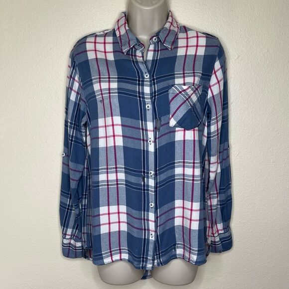 Woolrich Distressed Plaid Flannel Button Up Long Sleeve Roll Tab Women Medium - Picture 12 of 12